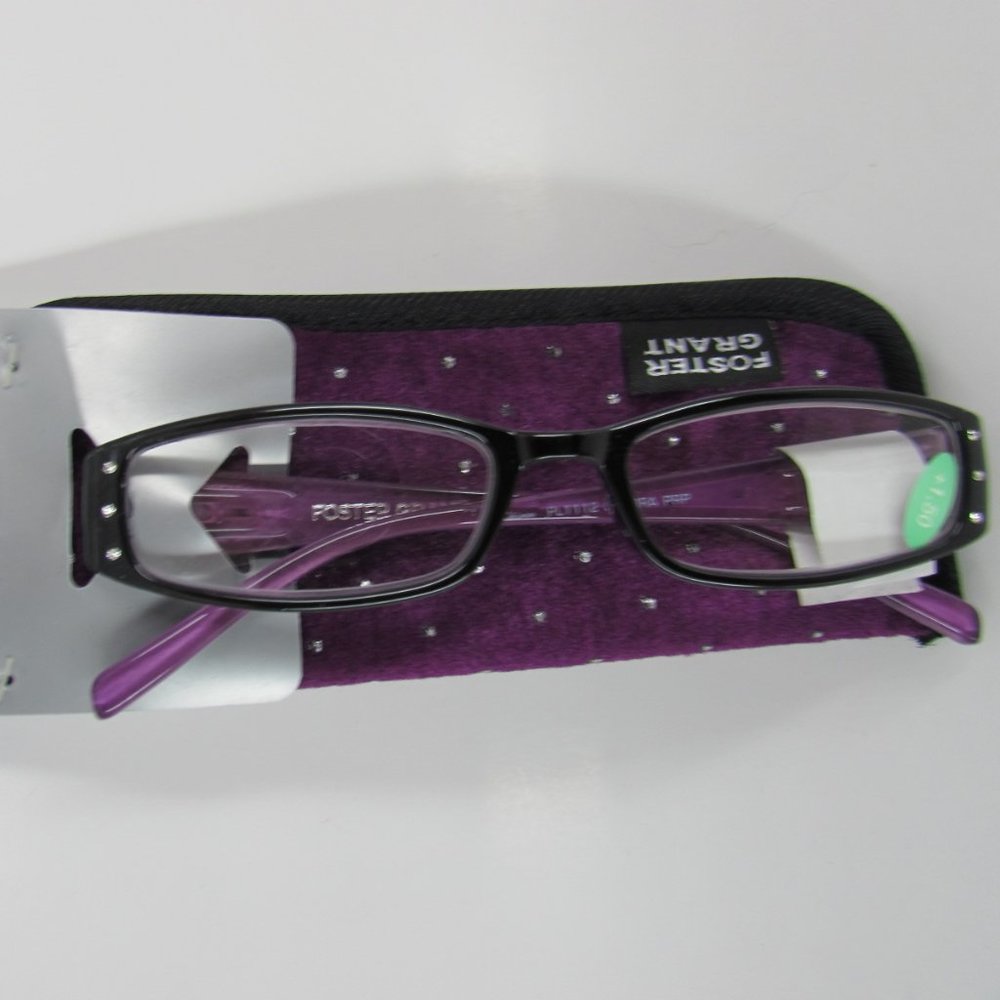 Foster Grant Purple Criss-Cross / Rhinestones +1.50 Reader Glasses with Case